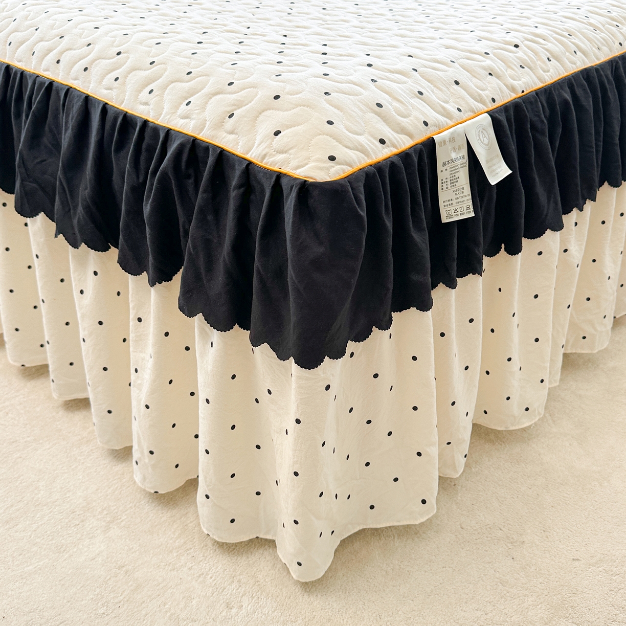 91家纺网 家纺一手货源 找家纺 笠裙家纺 2025新款水洗棉荷叶花边法式赫本风夹棉加厚床裙单床裙床裙单件 夹棉-波点