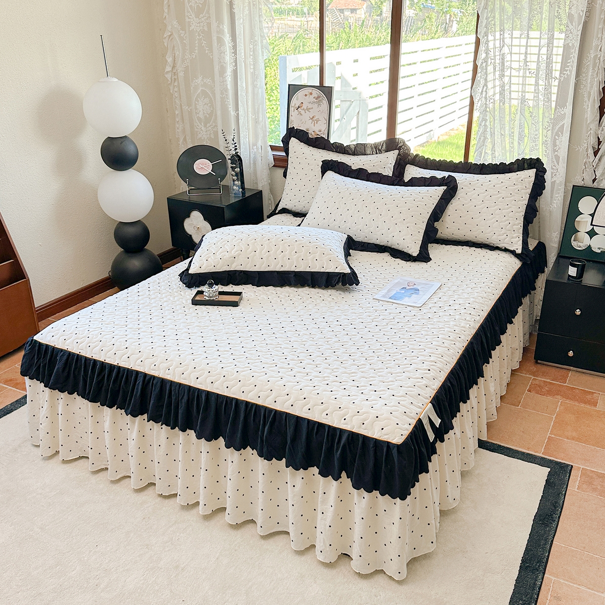 91家纺网 家纺一手货源 找家纺 笠裙家纺 2025新款水洗棉荷叶花边法式赫本风夹棉加厚床裙单床裙床裙单件 夹棉-波点