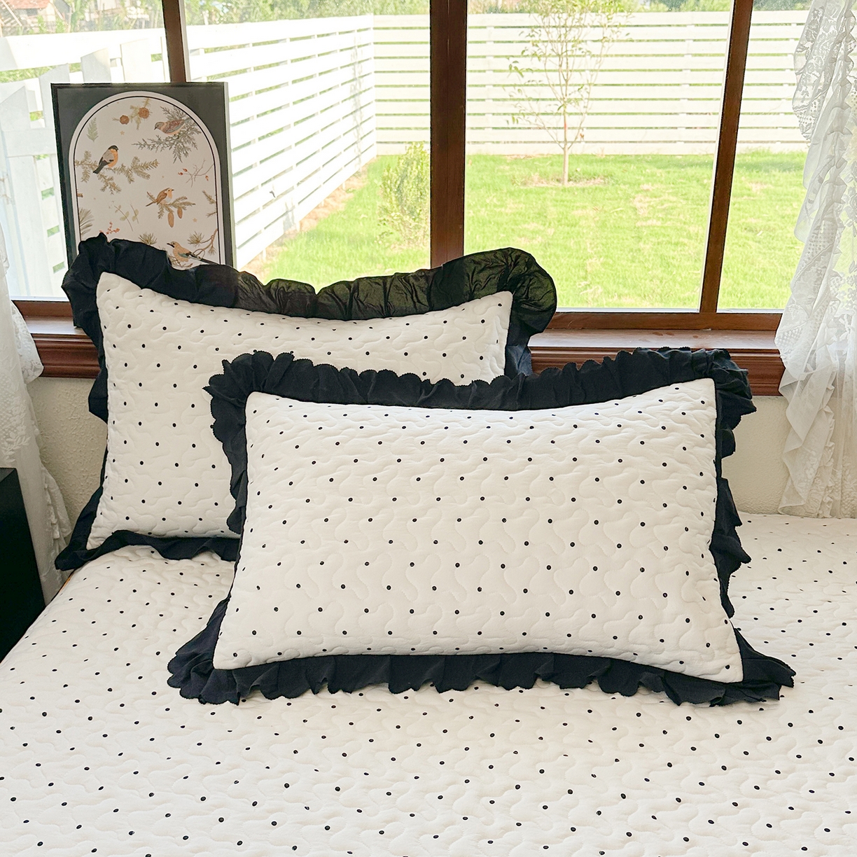 91家纺网 家纺一手货源 找家纺 笠裙家纺 2025新款水洗棉荷叶花边法式赫本风夹棉加厚床裙单床裙床裙单件 夹棉-波点