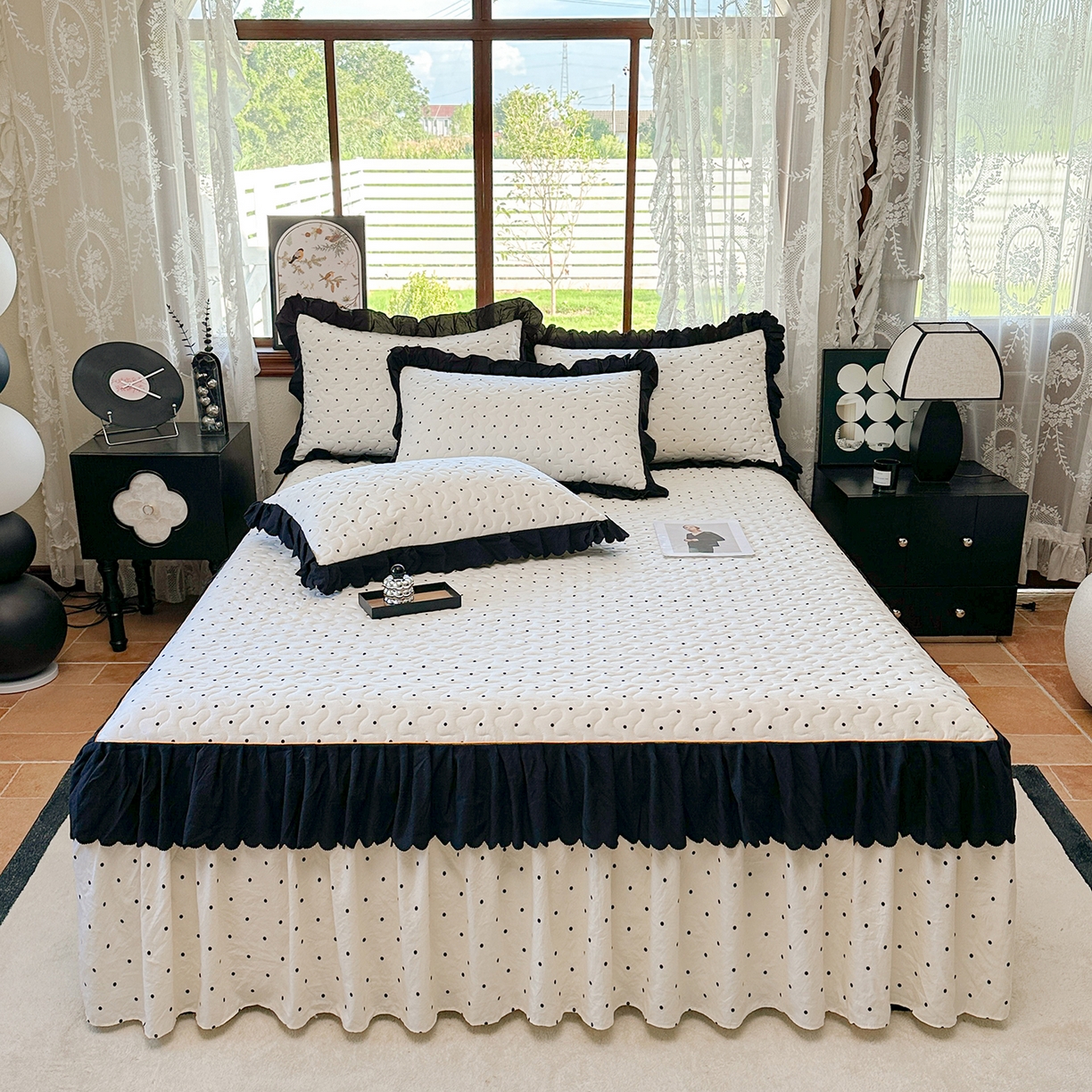 91家纺网 家纺一手货源 找家纺 笠裙家纺 2025新款水洗棉荷叶花边法式赫本风夹棉加厚床裙单床裙床裙单件 夹棉-波点