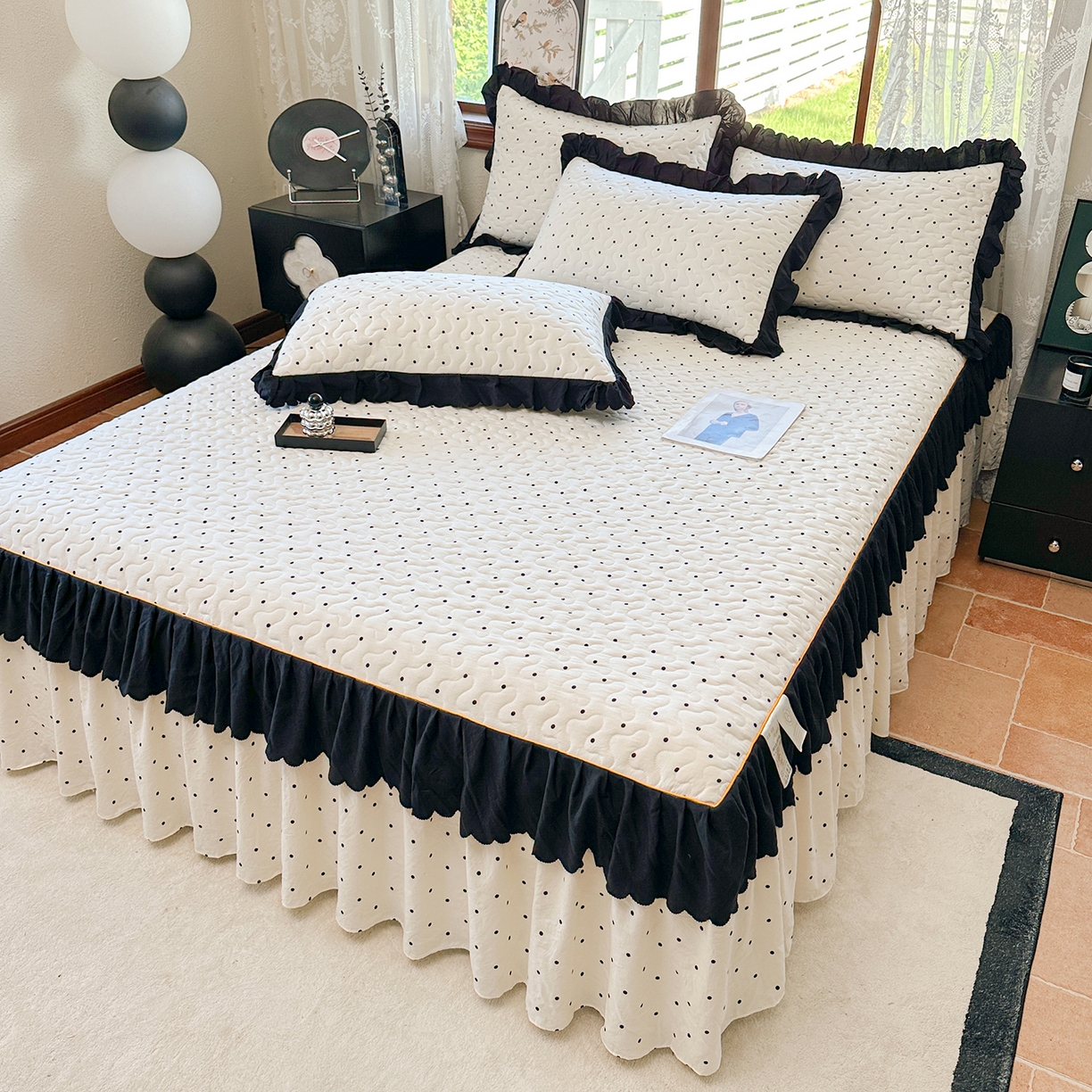 91家纺网 家纺一手货源 找家纺 笠裙家纺 2025新款水洗棉荷叶花边法式赫本风夹棉加厚床裙单床裙床裙单件 夹棉-波点