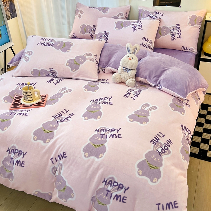 91家纺网 家纺一手货源 找家纺 HL原创 2025新款牛奶绒四件套 紫韵兔兔