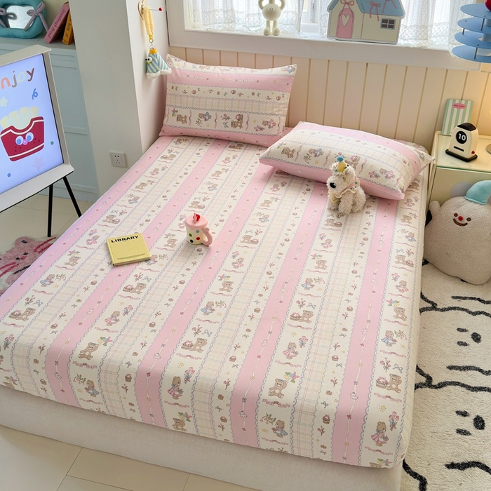 91家纺网 家纺一手货源 找家纺 曼之夏 2025新款全棉纯棉卡通印花单床笠 床笠单件 奶昔小熊