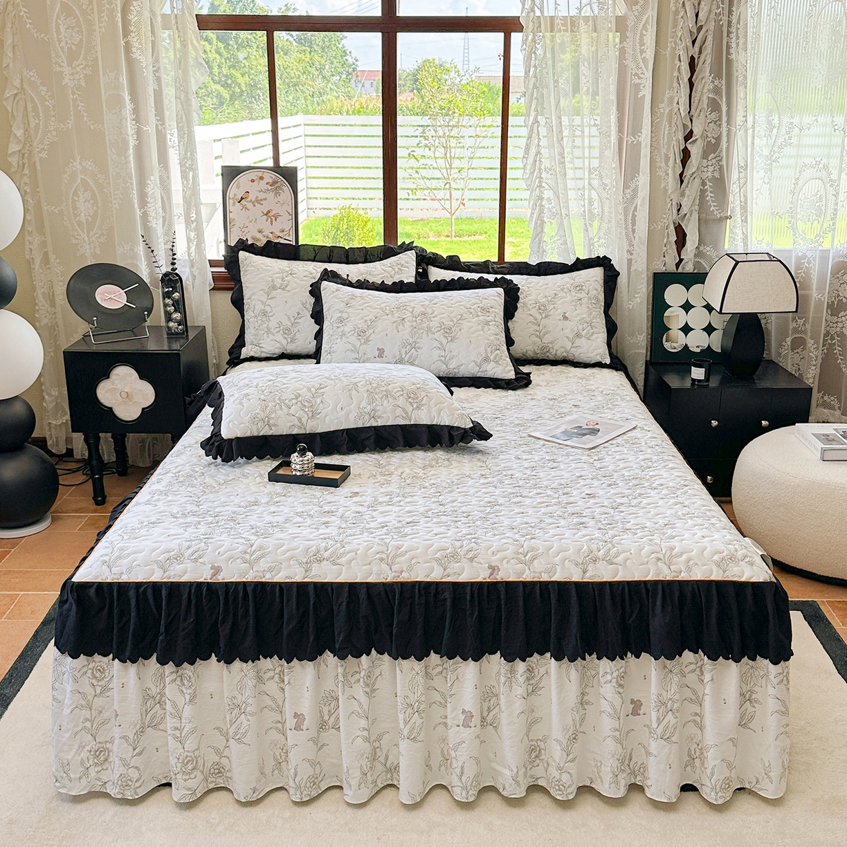 91家纺网 家纺一手货源 找家纺 笠裙家纺 2025新款水洗棉荷叶花边法式赫本风夹棉加厚床裙单床裙床裙单件 夹棉-花恋