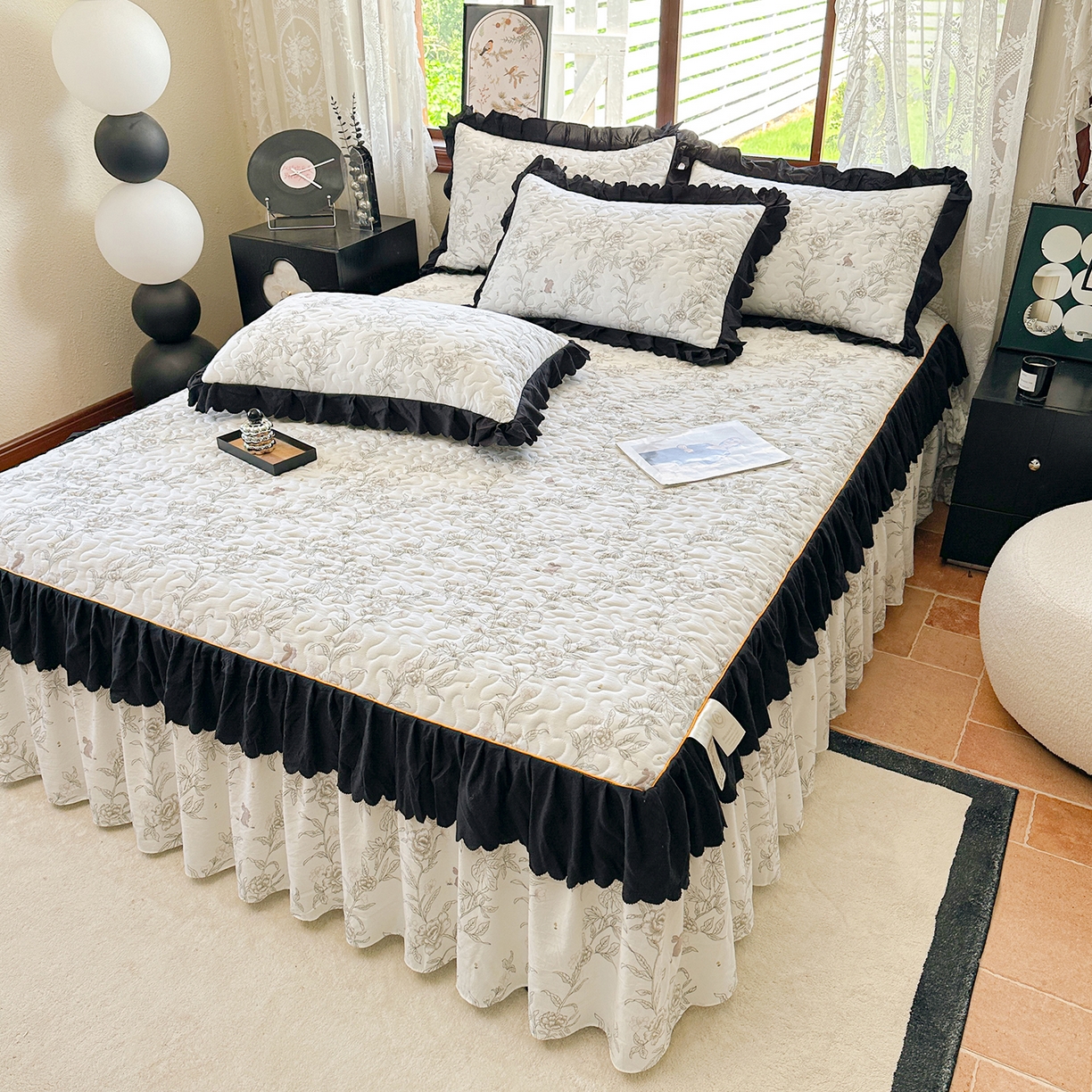 91家纺网 家纺一手货源 找家纺 笠裙家纺 2025新款水洗棉荷叶花边法式赫本风夹棉加厚床裙单床裙床裙单件 夹棉-花恋