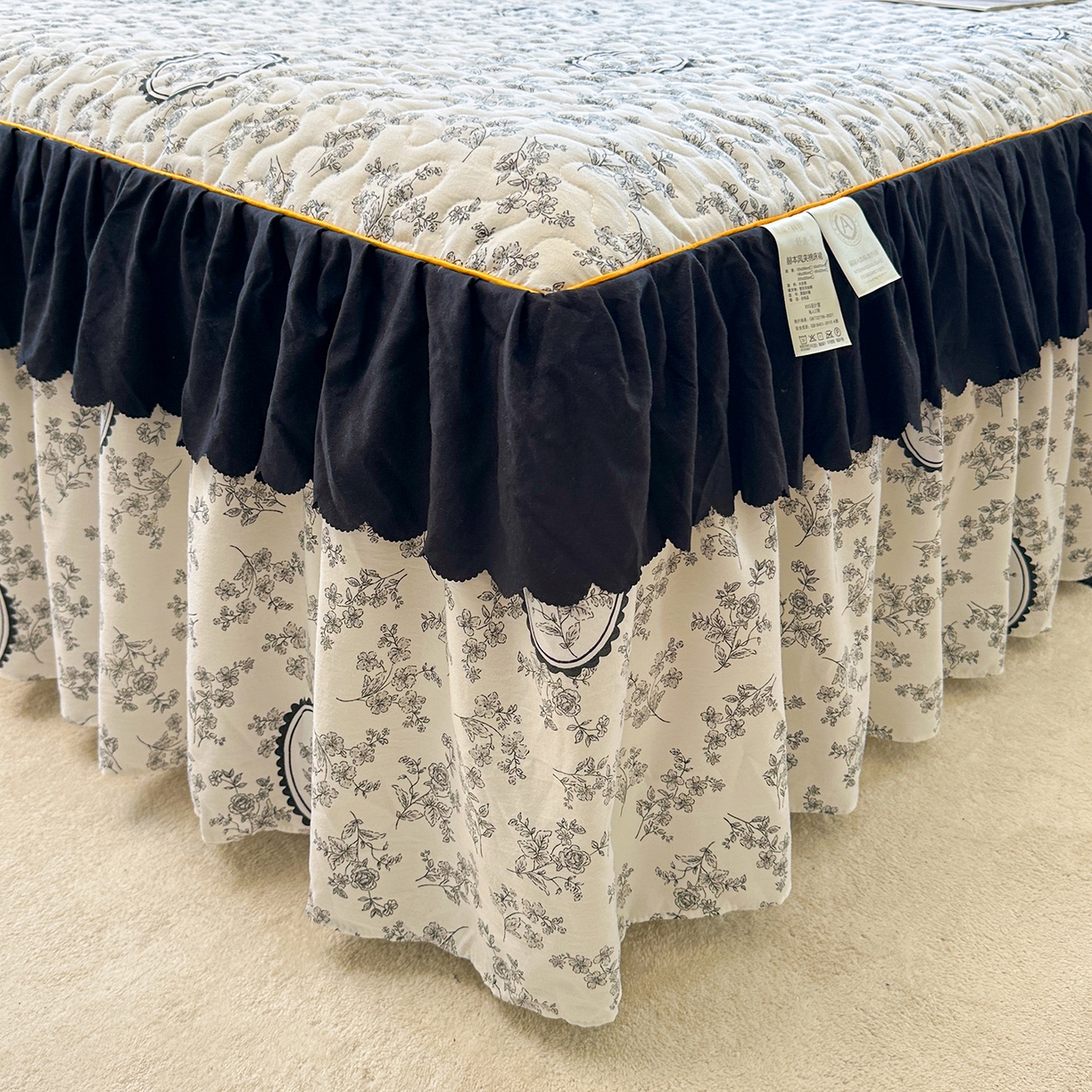 91家纺网 家纺一手货源 找家纺 笠裙家纺 2025新款水洗棉荷叶花边法式赫本风夹棉加厚床裙单床裙床裙单件 夹棉-花香