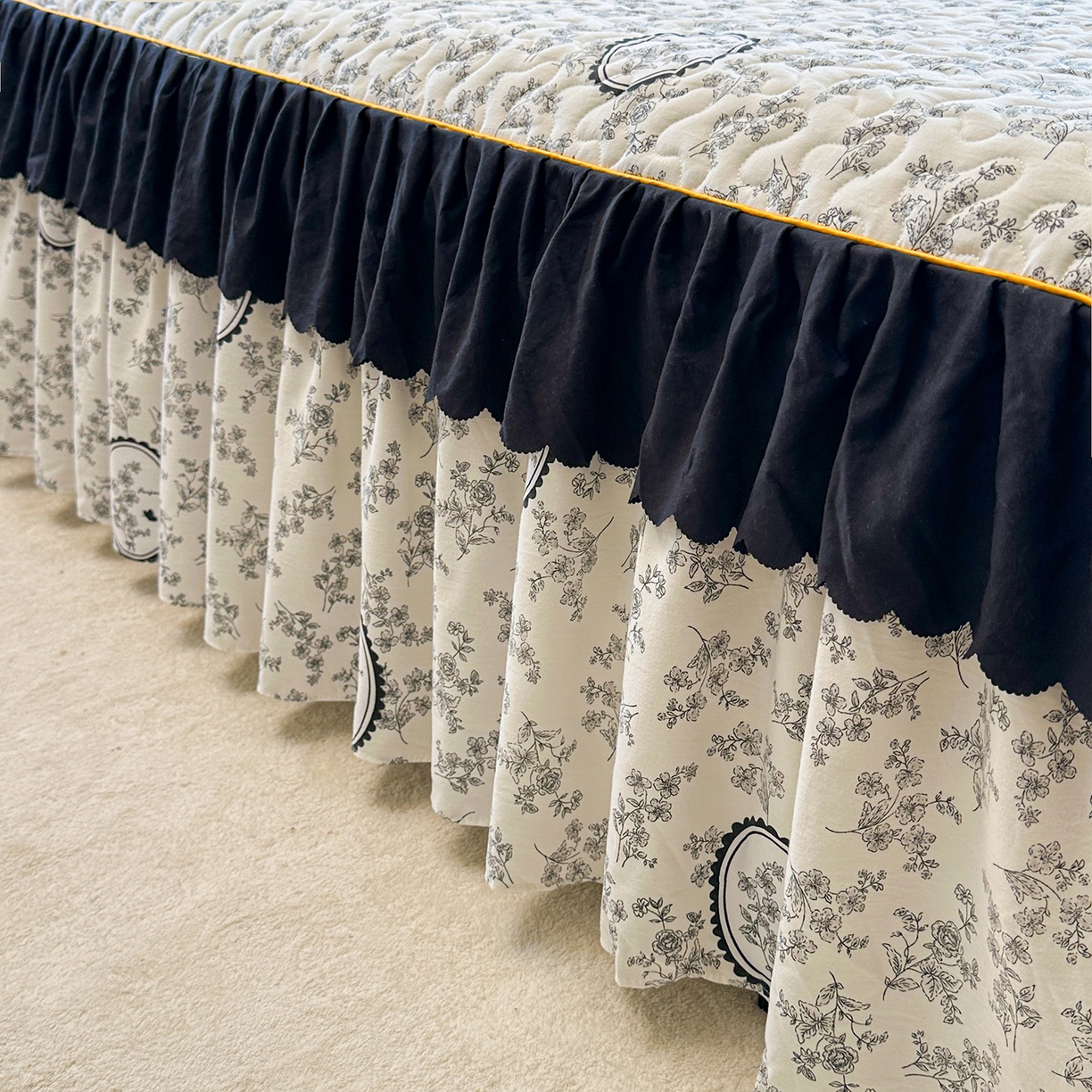 91家纺网 家纺一手货源 找家纺 笠裙家纺 2025新款水洗棉荷叶花边法式赫本风夹棉加厚床裙单床裙床裙单件 夹棉-花香