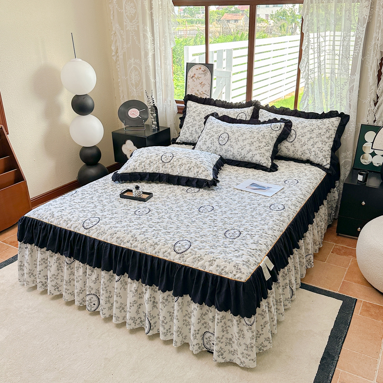 91家纺网 家纺一手货源 找家纺 笠裙家纺 2025新款水洗棉荷叶花边法式赫本风夹棉加厚床裙单床裙床裙单件 夹棉-花香