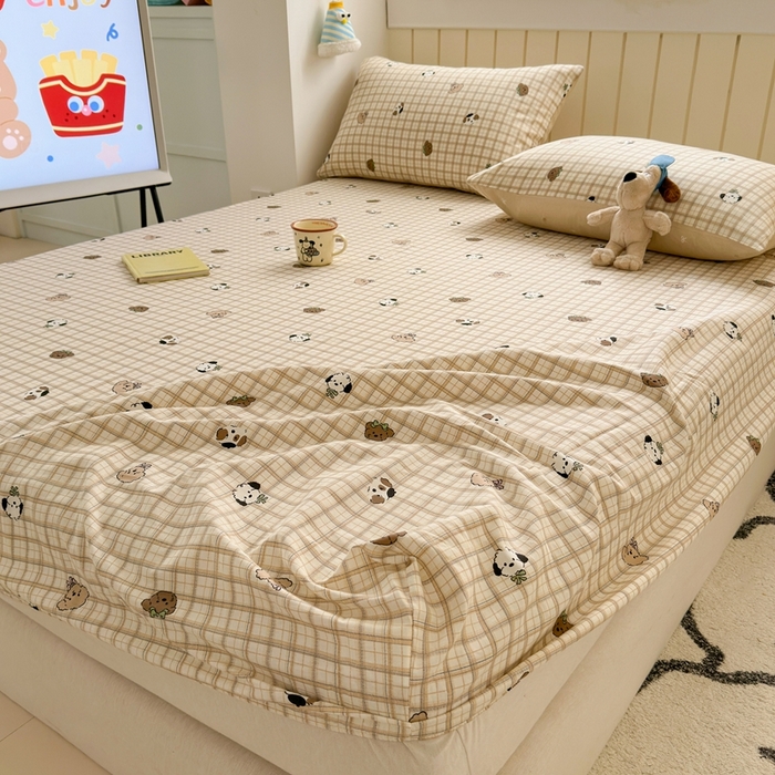 91家纺网 家纺一手货源 找家纺 曼之夏 2025新款全棉纯棉卡通印花单床笠 床笠单件 曲奇小狗