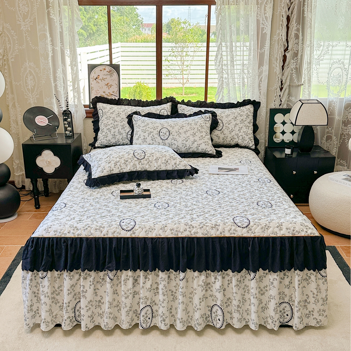 91家纺网 家纺一手货源 找家纺 笠裙家纺 2025新款水洗棉荷叶花边法式赫本风夹棉加厚床裙单床裙床裙单件 夹棉-花香