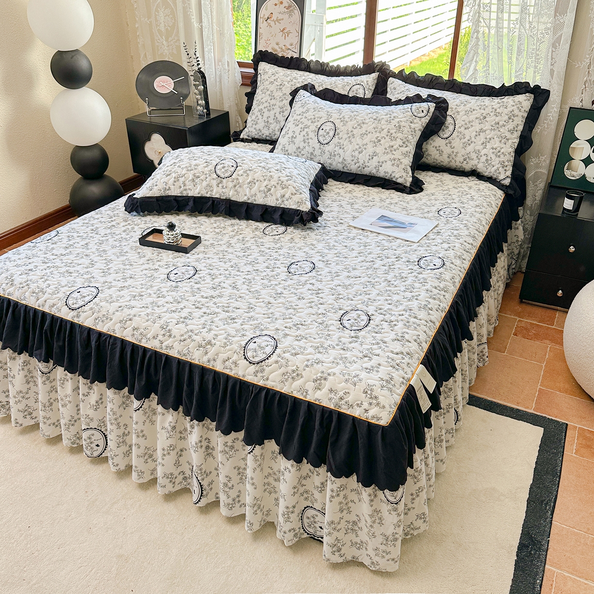 91家纺网 家纺一手货源 找家纺 笠裙家纺 2025新款水洗棉荷叶花边法式赫本风夹棉加厚床裙单床裙床裙单件 夹棉-花香