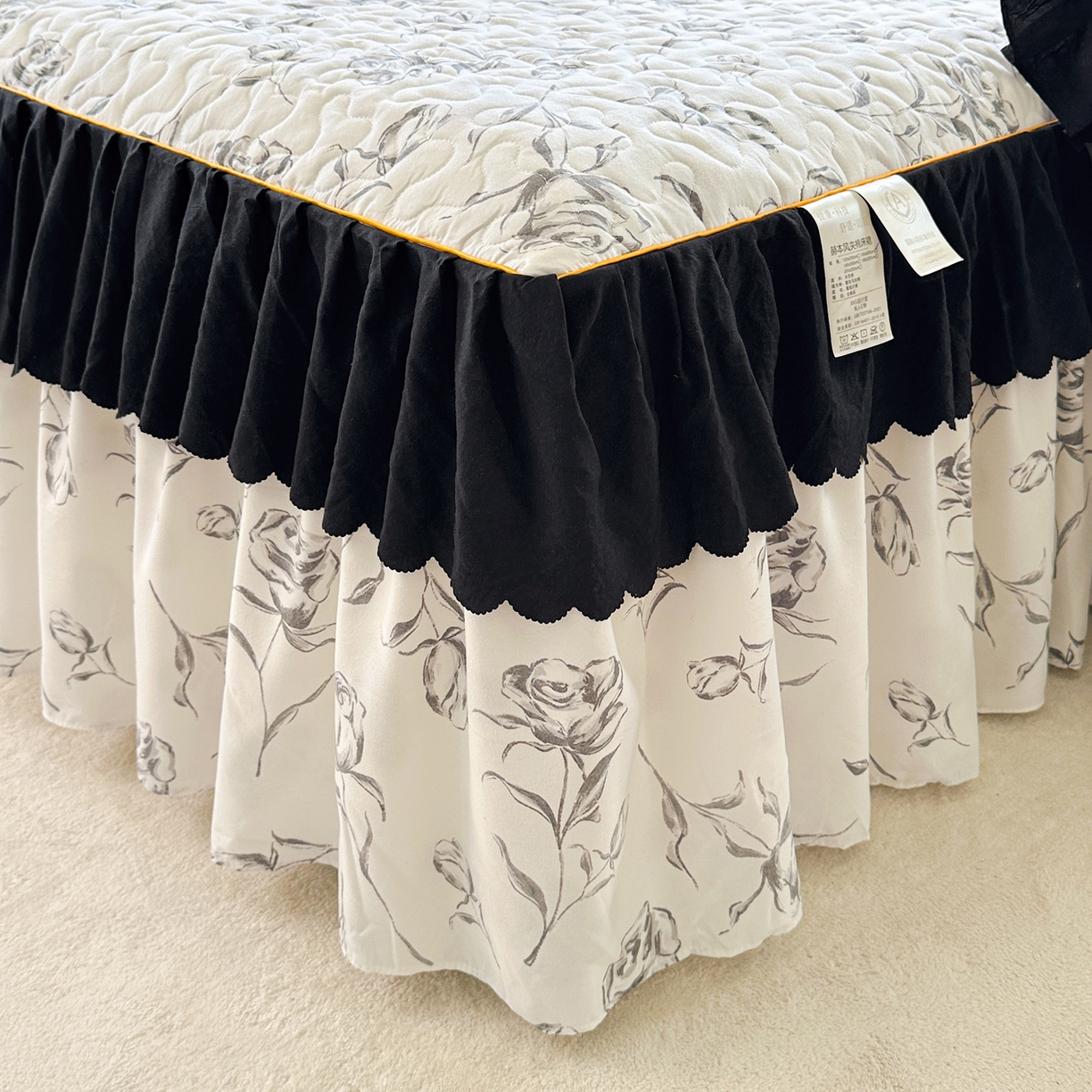 91家纺网 家纺一手货源 找家纺 笠裙家纺 2025新款水洗棉荷叶花边法式赫本风夹棉加厚床裙单床裙床裙单件 夹棉-玫瑰