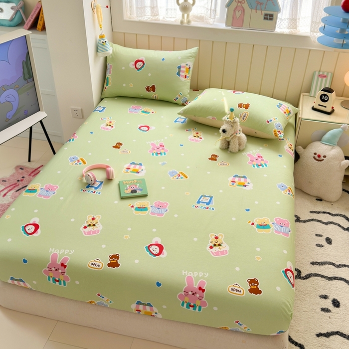 91家纺网 家纺一手货源 找家纺 曼之夏 2025新款全棉纯棉卡通印花单床笠 床笠单件 趣味熊