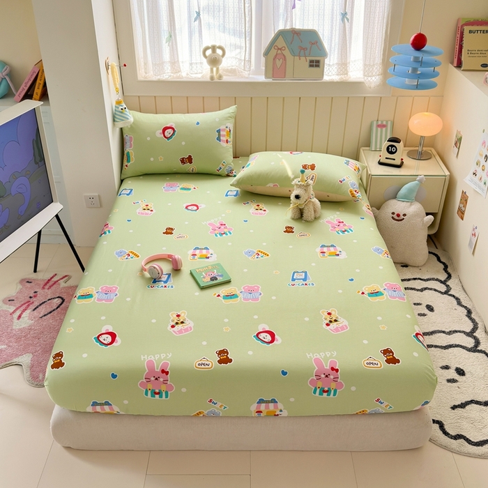 91家纺网 家纺一手货源 找家纺 曼之夏 2025新款全棉纯棉卡通印花单床笠 床笠单件 趣味熊