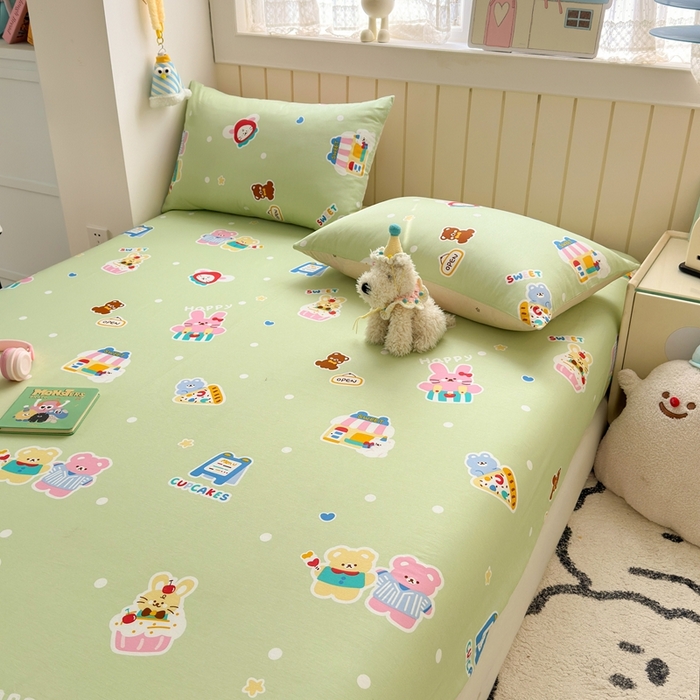 91家纺网 家纺一手货源 找家纺 曼之夏 2025新款全棉纯棉卡通印花单床笠 床笠单件 趣味熊