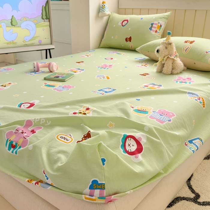 91家纺网 家纺一手货源 找家纺 曼之夏 2025新款全棉纯棉卡通印花单床笠 床笠单件 趣味熊