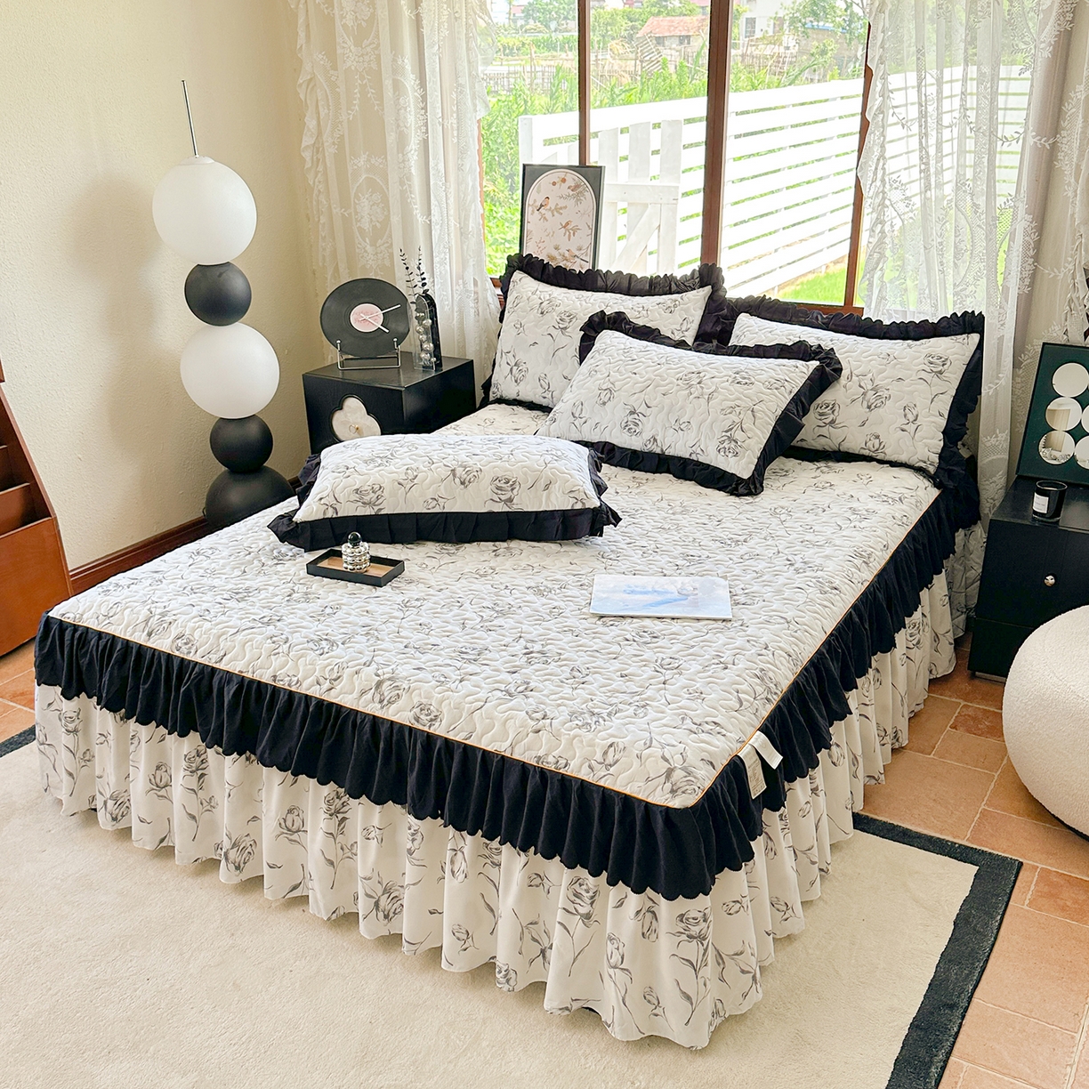 91家纺网 家纺一手货源 找家纺 笠裙家纺 2025新款水洗棉荷叶花边法式赫本风夹棉加厚床裙单床裙床裙单件 夹棉-玫瑰