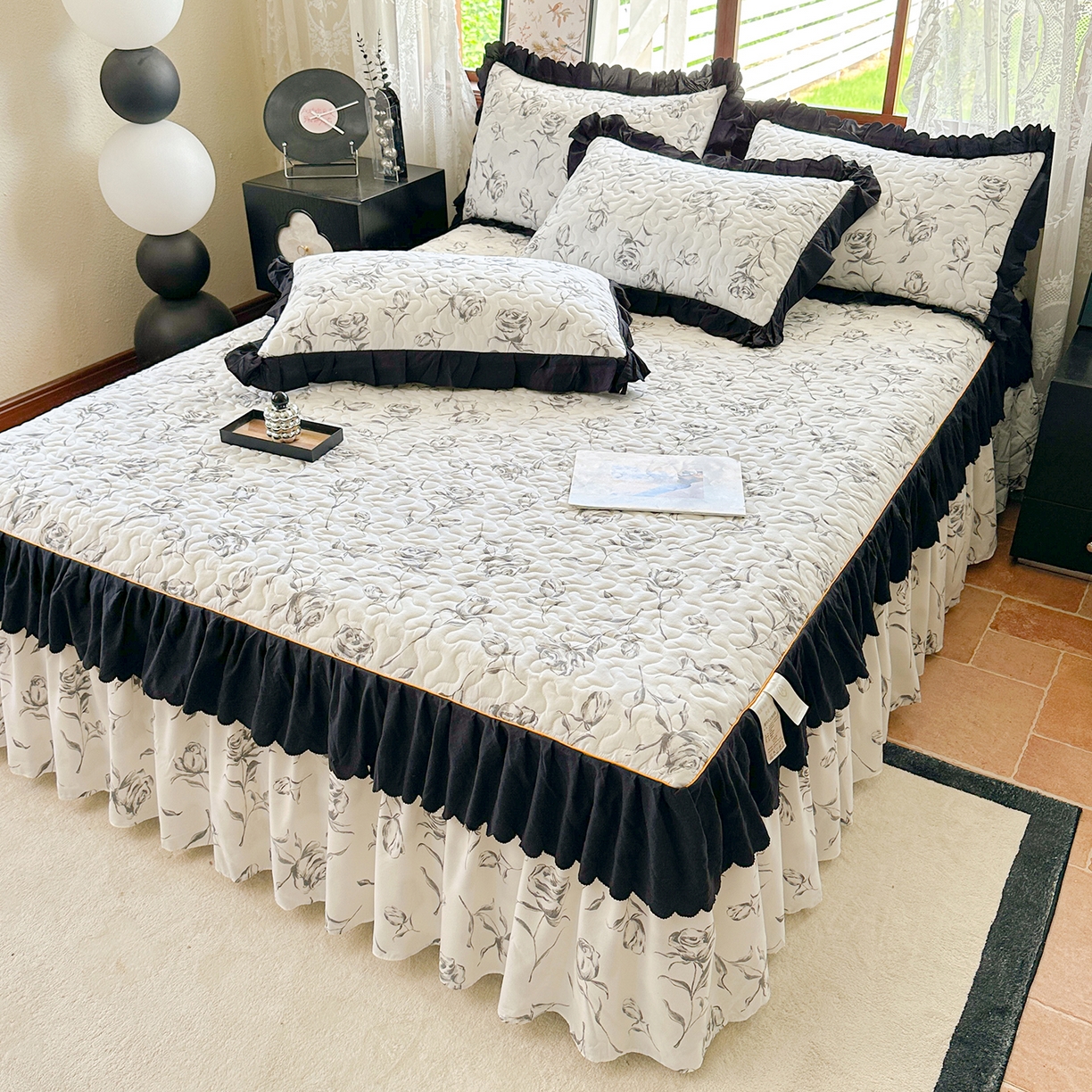 91家纺网 家纺一手货源 找家纺 笠裙家纺 2025新款水洗棉荷叶花边法式赫本风夹棉加厚床裙单床裙床裙单件 夹棉-玫瑰