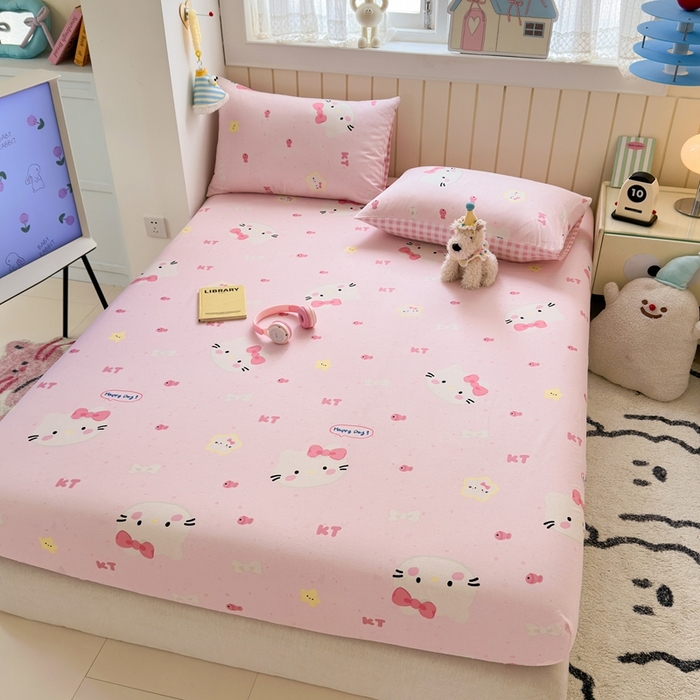 91家纺网 家纺一手货源 找家纺 曼之夏 2025新款全棉纯棉卡通印花单床笠 床笠单件 甜心猫咪