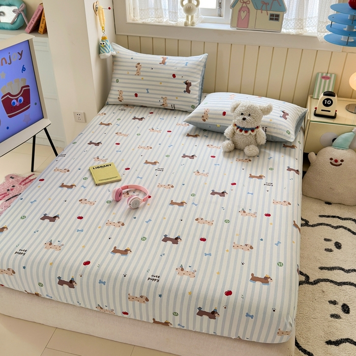 91家纺网 家纺一手货源 找家纺 曼之夏 2025新款全棉纯棉卡通印花单床笠 床笠单件 椰蓝小腊肠