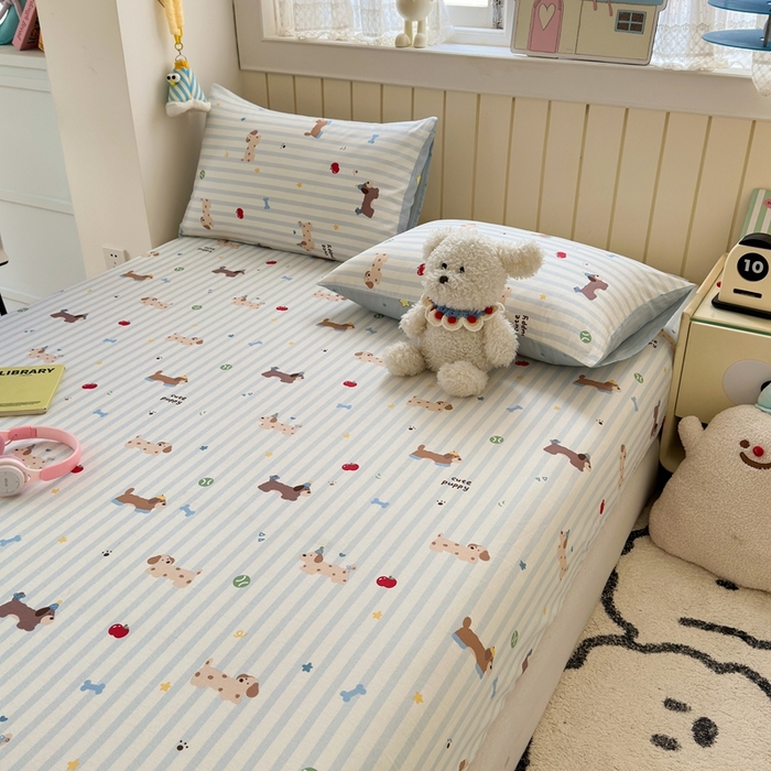 91家纺网 家纺一手货源 找家纺 曼之夏 2025新款全棉纯棉卡通印花单床笠 床笠单件 椰蓝小腊肠