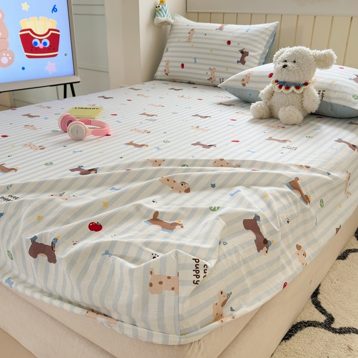 91家纺网 家纺一手货源 找家纺 曼之夏 2025新款全棉纯棉卡通印花单床笠 床笠单件 椰蓝小腊肠