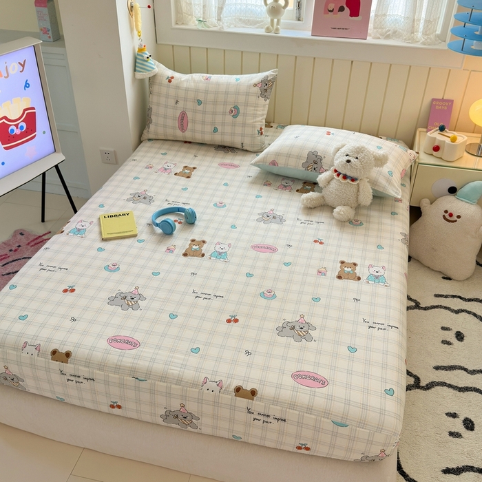 91家纺网 家纺一手货源 找家纺 曼之夏 2025新款全棉纯棉卡通印花单床笠 床笠单件 樱桃熊仔