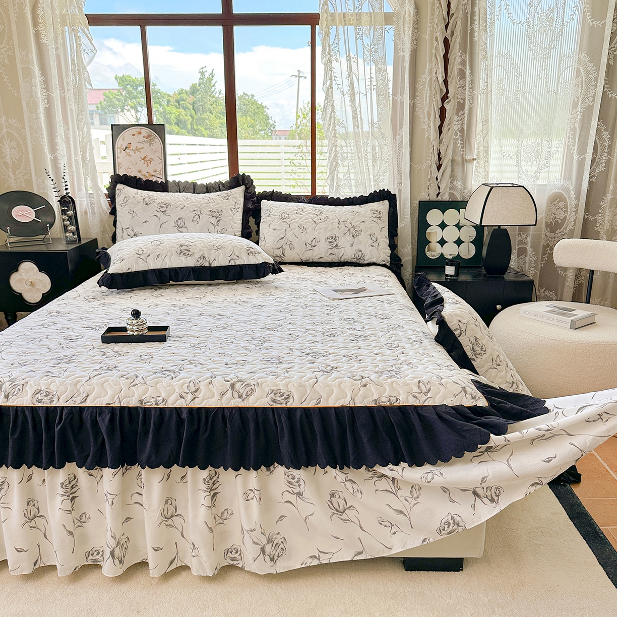 91家纺网 家纺一手货源 找家纺 笠裙家纺 2025新款水洗棉荷叶花边法式赫本风夹棉加厚床裙单床裙床裙单件 夹棉-玫瑰