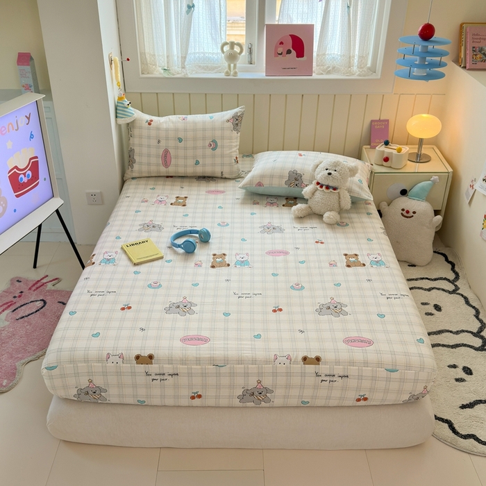 91家纺网 家纺一手货源 找家纺 曼之夏 2025新款全棉纯棉卡通印花单床笠 床笠单件 樱桃熊仔