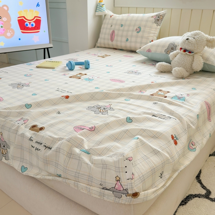 91家纺网 家纺一手货源 找家纺 曼之夏 2025新款全棉纯棉卡通印花单床笠 床笠单件 樱桃熊仔