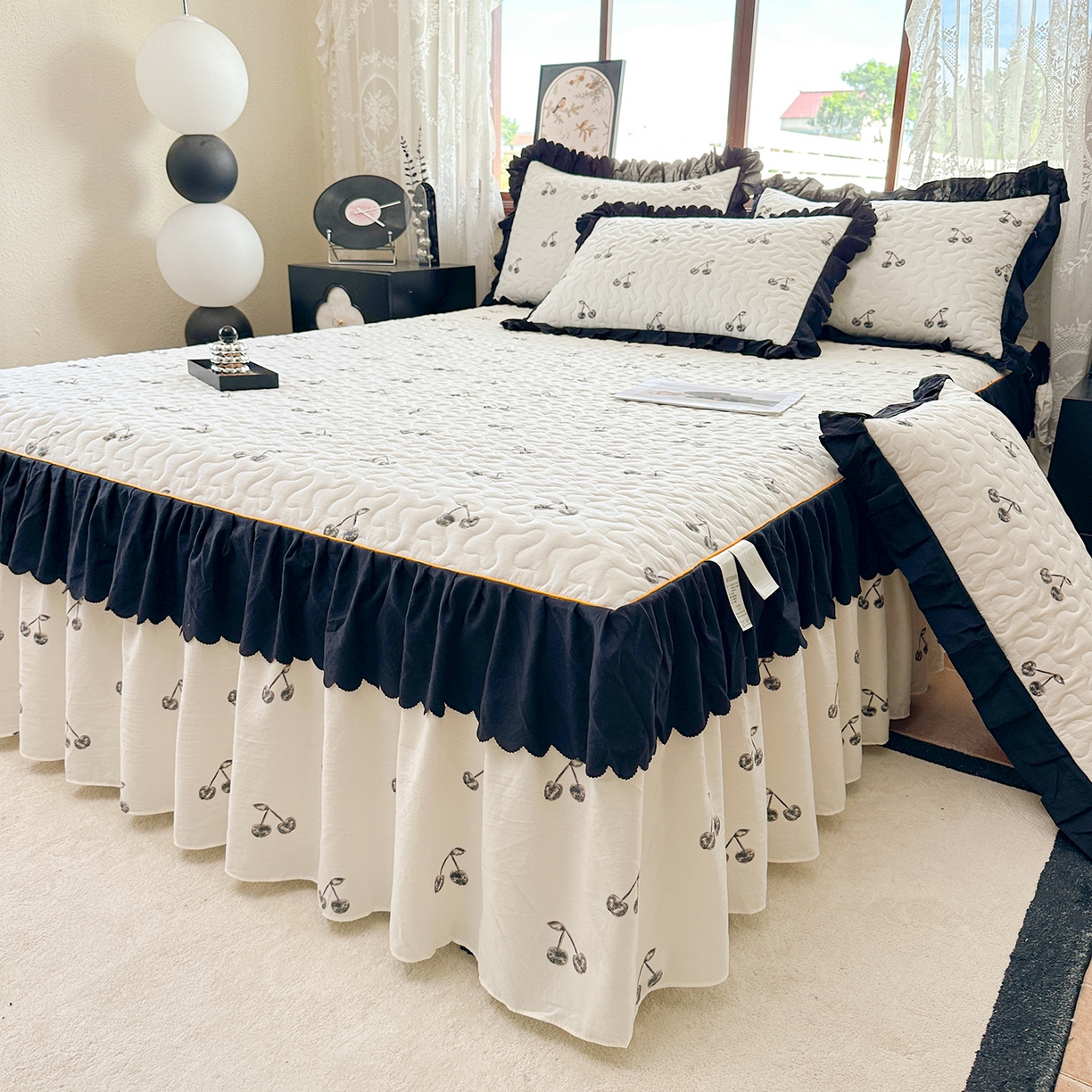 91家纺网 家纺一手货源 找家纺 笠裙家纺 2025新款水洗棉荷叶花边法式赫本风夹棉加厚床裙单床裙床裙单件 夹棉-樱桃