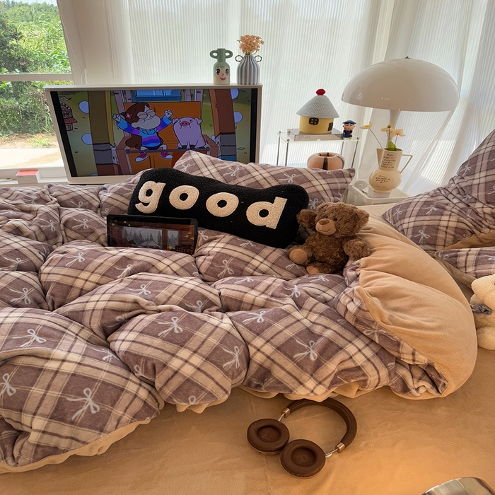 91家纺网 家纺一手货源 找家纺 HL原创 2025新款牛奶绒单品被套单件被套 美拉德格子