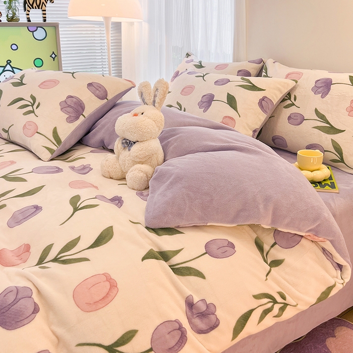 91家纺网 家纺一手货源 找家纺 HL原创 2025新款牛奶绒单品被套单件被套 紫色郁金香