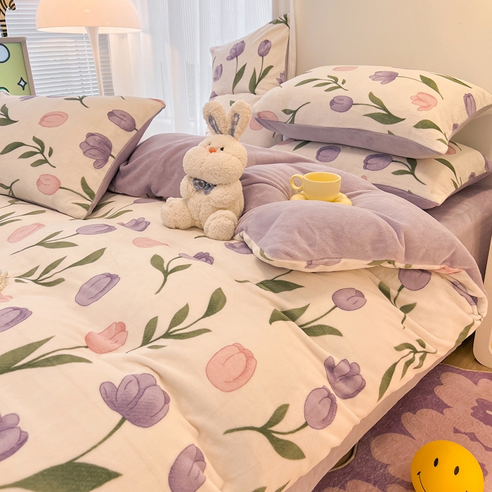 91家纺网 家纺一手货源 找家纺 HL原创 2025新款牛奶绒单品被套单件被套 紫色郁金香