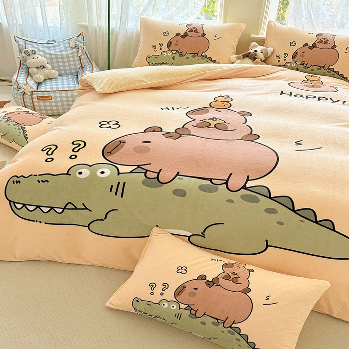 91家纺网 家纺一手货源 找家纺 ds生活馆 2025新款大版高克重双面牛奶绒四件套 鳄鱼巴拉