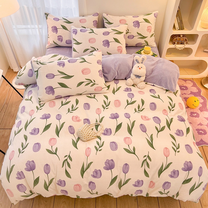 91家纺网 家纺一手货源 找家纺 HL原创 2025新款牛奶绒单品被套单件被套 紫色郁金香