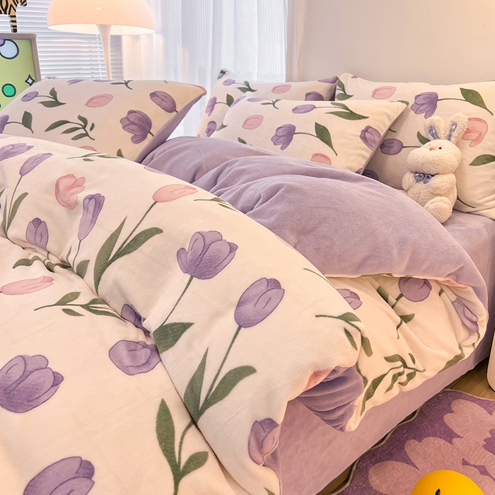 91家纺网 家纺一手货源 找家纺 HL原创 2025新款牛奶绒单品被套单件被套 紫色郁金香