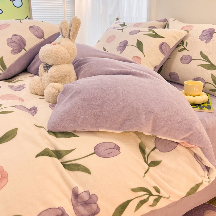 91家纺网 家纺一手货源 找家纺 HL原创 2025新款牛奶绒单品被套单件被套 紫色郁金香