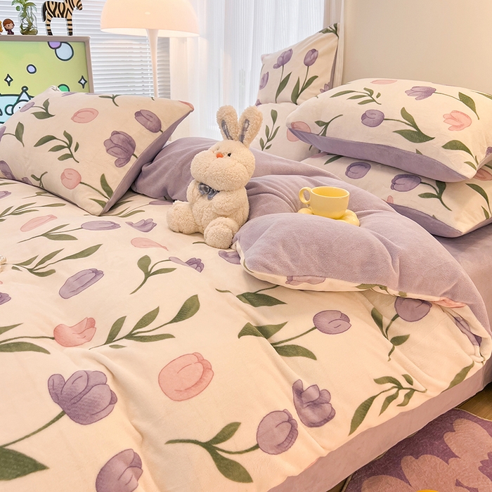 91家纺网 家纺一手货源 找家纺 HL原创 2025新款牛奶绒单品被套单件被套 紫色郁金香