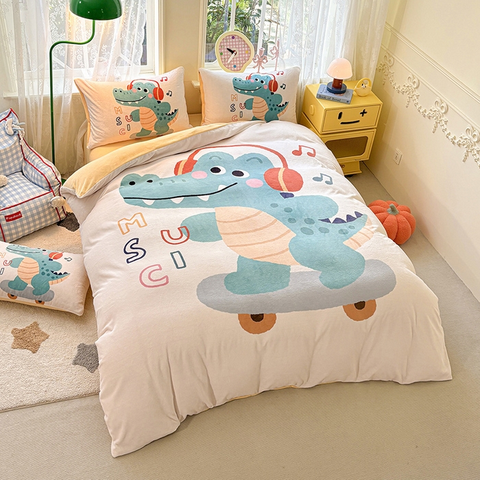 91家纺网 家纺一手货源 找家纺 ds生活馆 2025新款大版高克重双面牛奶绒四件套 滑板鳄鱼