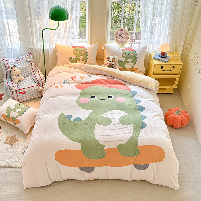 ds生活馆 2025新款大版高克重双面牛奶绒四件套 滑板恐龙