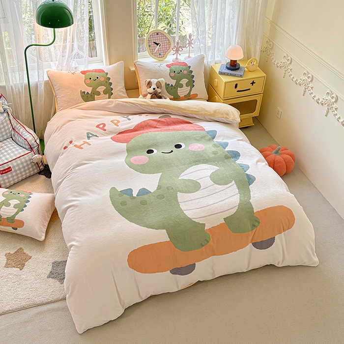 91家纺网 家纺一手货源 找家纺 ds生活馆 2025新款大版高克重双面牛奶绒四件套 滑板恐龙