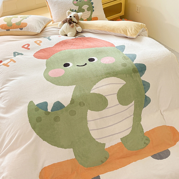 91家纺网 家纺一手货源 找家纺 ds生活馆 2025新款大版高克重双面牛奶绒四件套 滑板恐龙