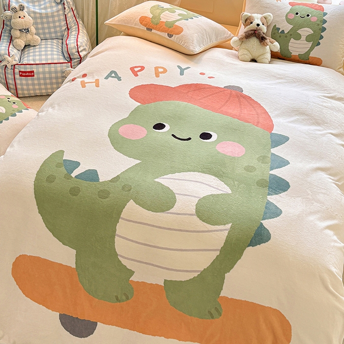 91家纺网 家纺一手货源 找家纺 ds生活馆 2025新款大版高克重双面牛奶绒四件套 滑板恐龙