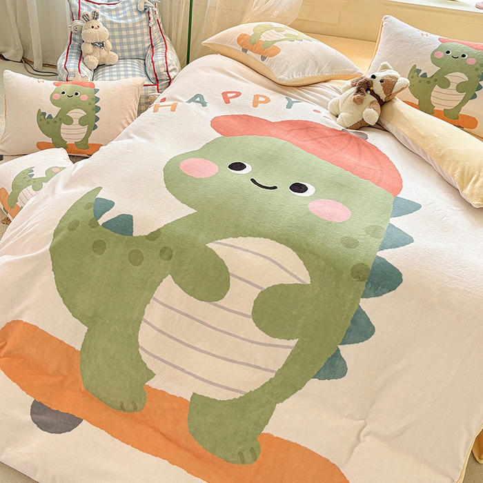 91家纺网 家纺一手货源 找家纺 ds生活馆 2025新款大版高克重双面牛奶绒四件套 滑板恐龙