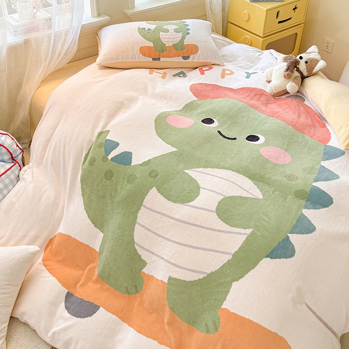 91家纺网 家纺一手货源 找家纺 ds生活馆 2025新款大版高克重双面牛奶绒四件套 滑板恐龙