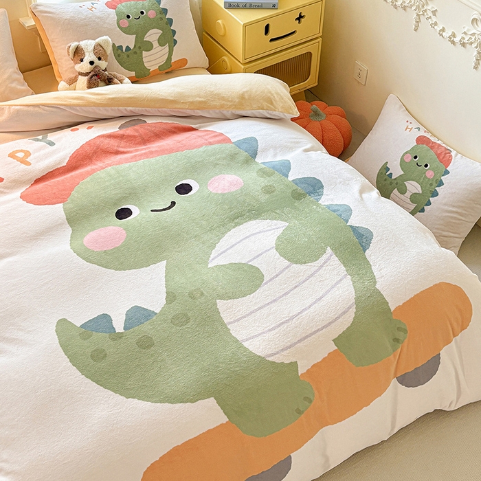 91家纺网 家纺一手货源 找家纺 ds生活馆 2025新款大版高克重双面牛奶绒四件套 滑板恐龙