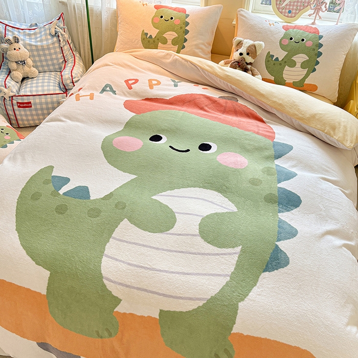 91家纺网 家纺一手货源 找家纺 ds生活馆 2025新款大版高克重双面牛奶绒四件套 滑板恐龙