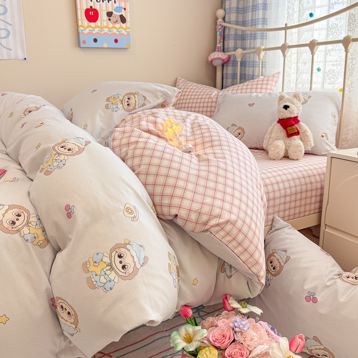 呗旺鹿 2025新款全棉纯棉大眼娃娃毛巾绣四件套第二波 奶蓝色晚安大眼娃娃