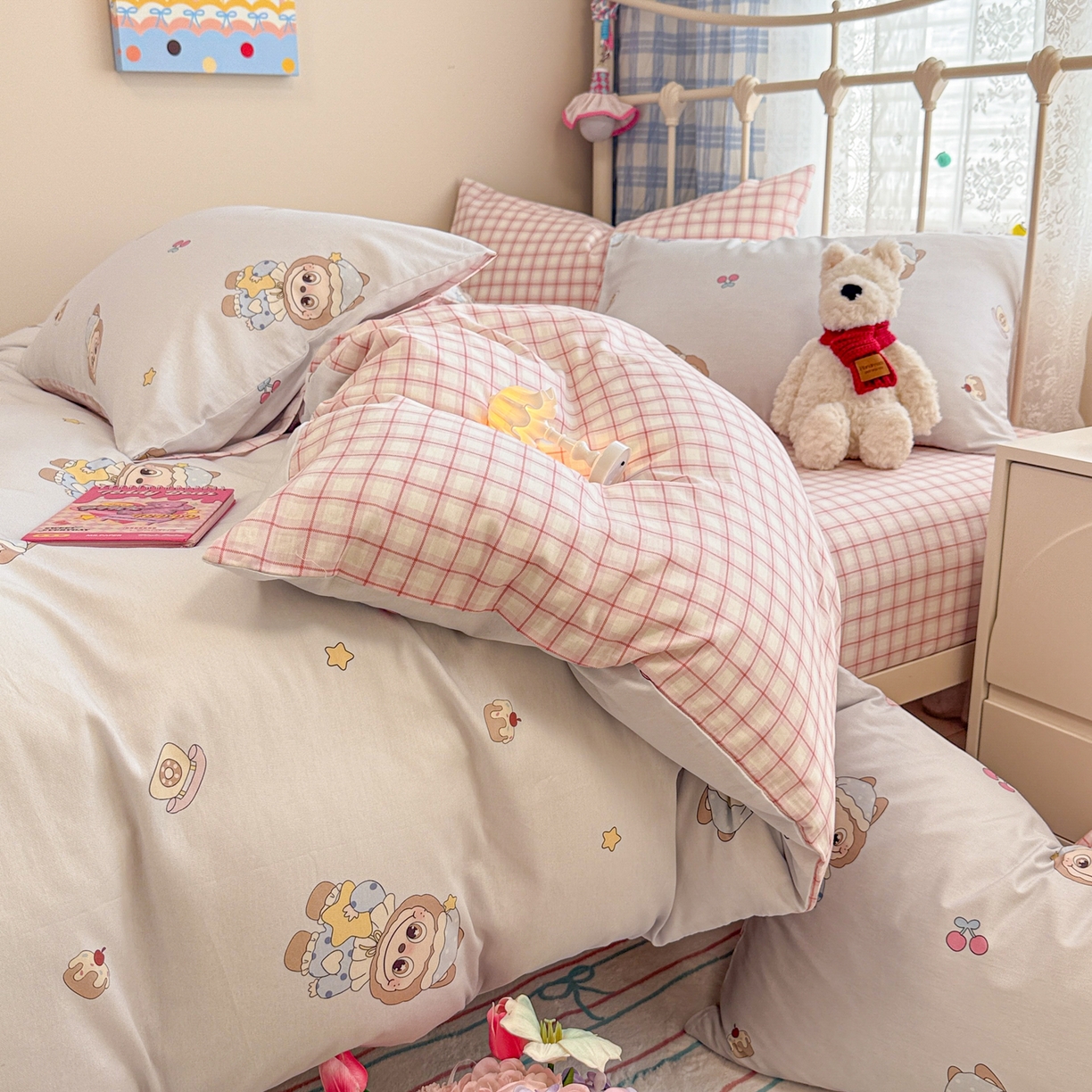 91家纺网 家纺一手货源 找家纺 呗旺鹿 2025新款全棉纯棉大眼娃娃毛巾绣四件套第二波 奶蓝色晚安大眼娃娃